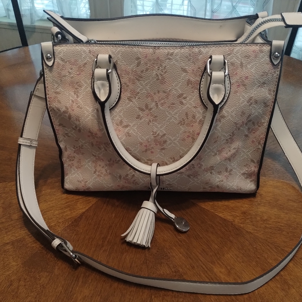 Nine West Chelsey Satchel Beige Pink Floral  Handle Adjustable Shoulder Strap
